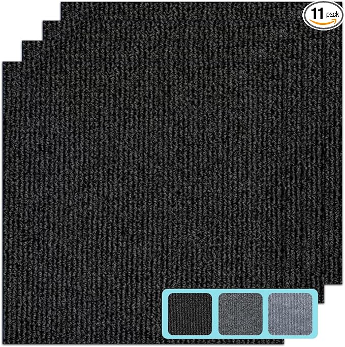 Carpet Tile 24” X 24” Self Adhesive Carpet Floor Tiles Anti-Slip Reusable Carpet Squares Peel and Stick Carpet Floor Tile Easy Install DIY for Bedroom Living Room (11, Black)