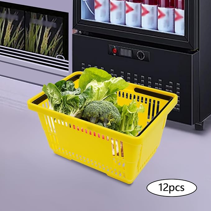 Shopping Baskets Set of 12, 18L Plastic Store Retail Baskets with Handles, Durable Plastic Shopping Cart Portable Grocery Basket for Supermarket Bookstores Grocery Shopping, Yellow