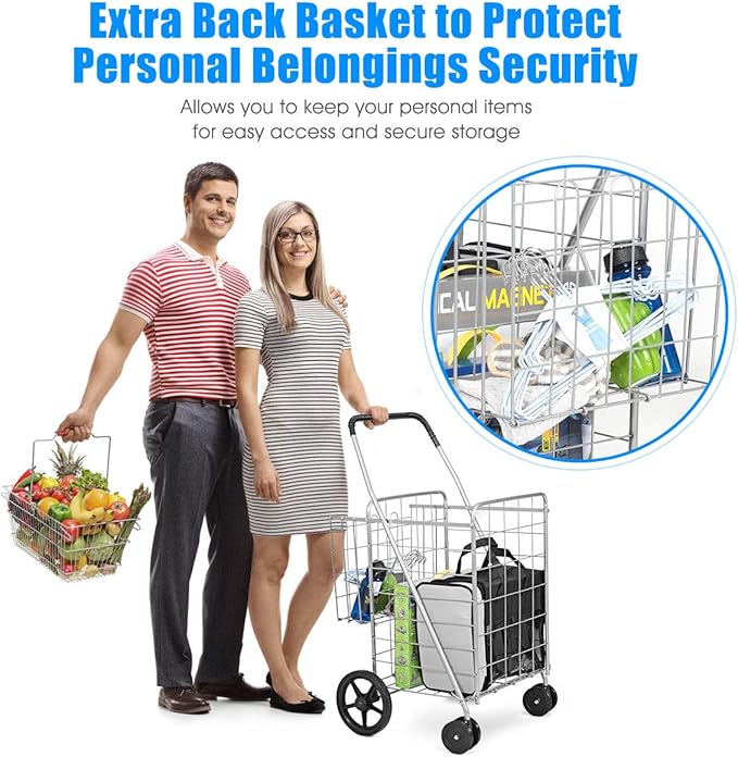 Goplus Jumbo Folding Shopping Cart with Rolling Swivel Wheels, Foldable Grocery Cart on Wheels with Double Basket, Heavy Duty Utility Cart, Shopping Carts for Groceries Laundry Book Luggage Travel