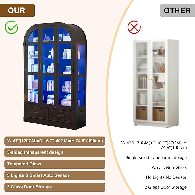 Arched Display Cabinet with 3 Glass Doors,5-Tier Curio Cabinet W/3 Color Lights for Collectibles,78'' Tall Curio Cabinet W/2 Drawers,Modern Display Case W/Human Body Sensor for Living/Game Room,Black