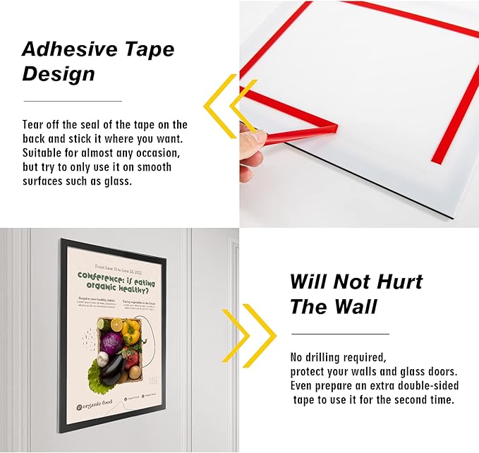 Acrylic Magnetic Sign Holder, Easy-Opening 11 x 17 Wall Mount Display Frames, Self Adhesive Back Plastic Clear Document Frame, Horizontal & Vertical Display (Black, 12Pack)