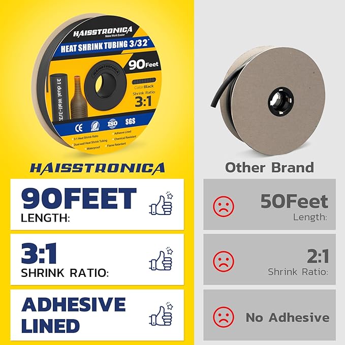 haisstronica 3:1 Heat Shrink Tubing, Shrink Ratio Adhesive Lined Marine Grade Heat Shrink Tube for Home, Automotive and Industrial (Black) 90FT 3/32inch
