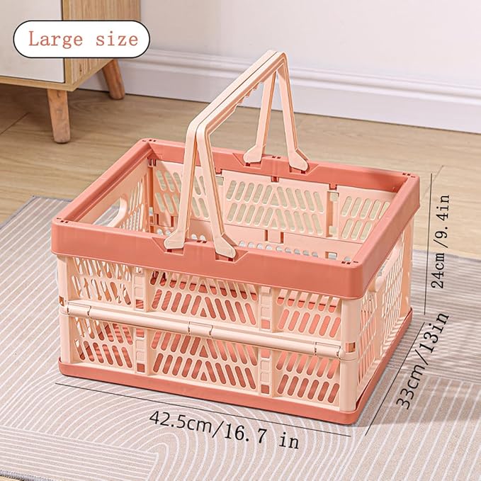 Collapsible Storage Crate with Handles, Milk Crates，33L Foldable Plastic Shopping Basket, Organizer Container for Car Home Pinic (Light pink, Large)