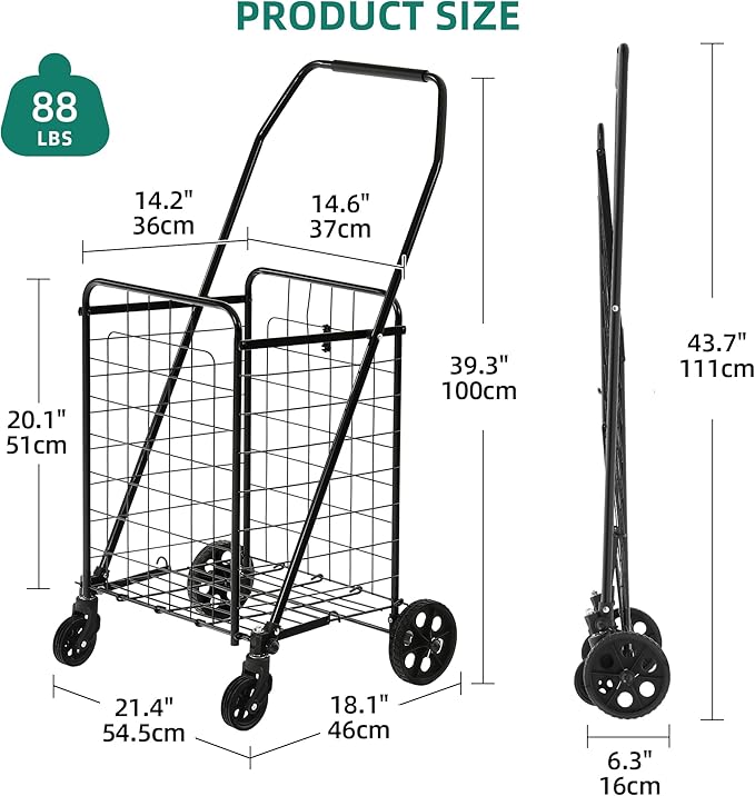 YITAHOME Folding Shopping Cart with Liner, Foldable Grocery Cart with Wheels for Seniors, Portable Collapsible Utility Carts for Shopping, Groceries, Laundry & Storage