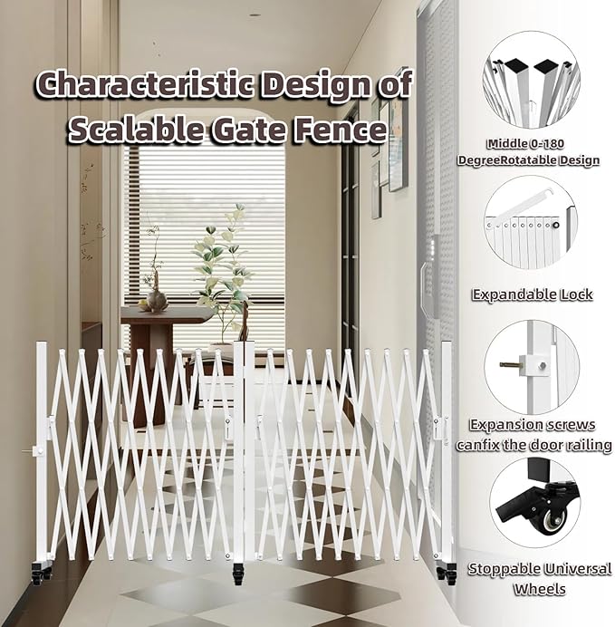 TSAYAWA Retractable Fence Outdoor, 216" Wide Expandable Driveway Gate for Dogs, Aluminum Portable Retractable Barricade for Garage, 18 Feet Expanding Security Gate with Casters, Rotatable, White