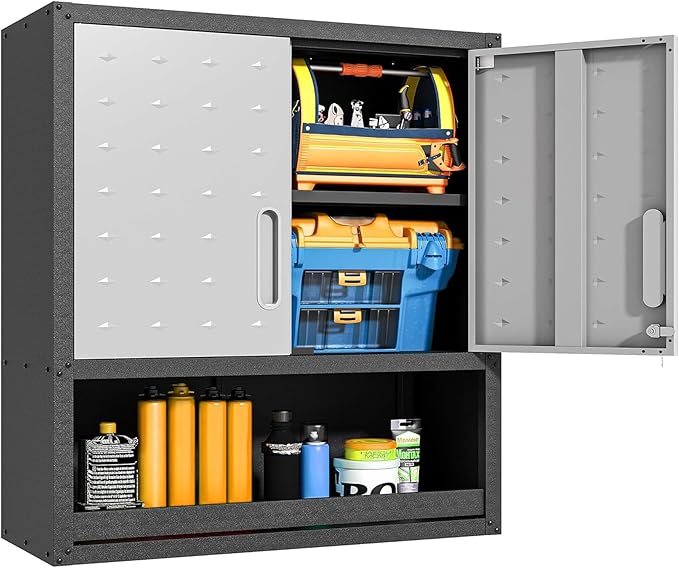 Metal Garage Wall Cabinet with Lock, Wall Mounted Metal Storage Cabinets with Doors and Shelf, Lockable Floating Tool Storage for Garage Basement Utility Room