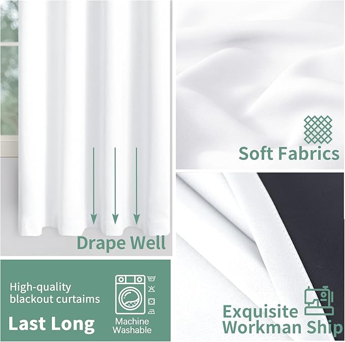 Short Blackout Curtains for Bedroom 45 Inch Length 2 Panels Set, Thermal Insulated Sun Blocking Soundproof Grommet Window Curtains with Thick Black Liner, Each 52 Inch Wide, Pure White