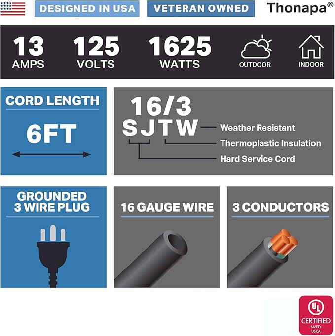 13 Amp Outdoor Extension Cord 6 ft, 16/3 SJTW 6 Foot Black Extension Cord 3 Prong, Weatherproof Exterior Power Cable for Outside Lights & Lawn, UL Certified - US Veteran Owned