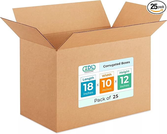 Medium Shipping & Moving Boxes 18"L x 10"W x 12"H (25-Pack) - Extra Strength 200 lb vs Regular - Corrugated Moving Boxes, Made in USA - Heavy Duty Box for Packaging by IDL Packaging