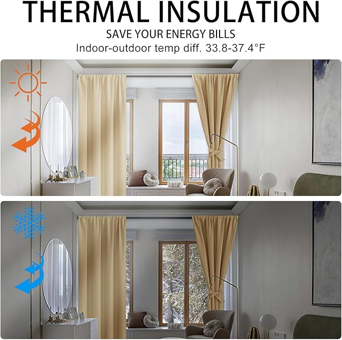 JIUZHEN Blackout Curtains for Bedroom– Thermal Insulated,Noise Reducing Room Darkening Privacy Drapes for Living Room, Set of 2 Panels with Tiebacks, 52 x 84 inch Long, Light Beige
