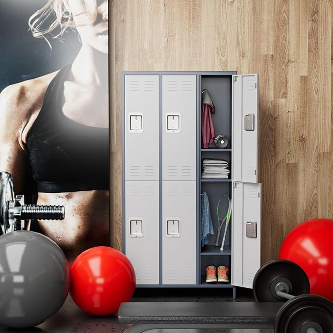 Aobabo Metal Storage Locker for Employees, 6 Doors Metal Locker for Garage, Office, Gym, Dormitory, Industrial Storage with 18 Hooks, Assembly Required, Grey White