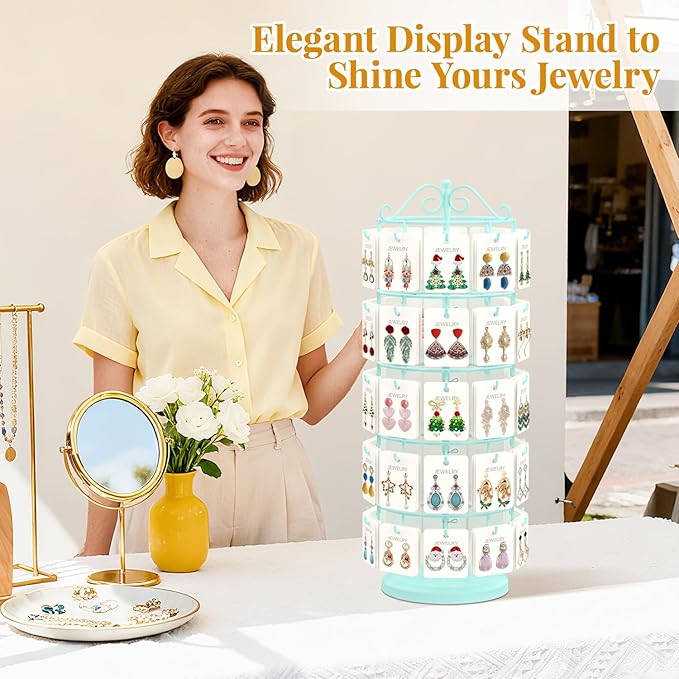 EsLuker.ly Earring Holder Organizer Rotating Display Tree Stand, Adjustable Height Earring Card Hanger Rack with 50 Hooks for Vendors Market Selling, 5 Tier Metal Jewelry Storage Tower,Blue