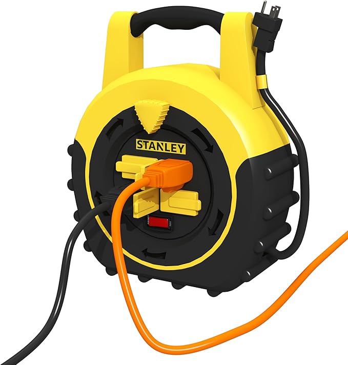 STANLEY Retractable Extension Cord Reel 20ft Portable 4 Outlet Cord Reel with On Off Switch 16/3 AWG Power Cable for Garage and Workshop ETL Listed