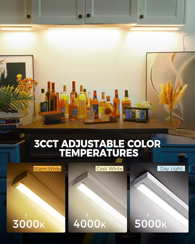 2 Pack 12" Under Cabinet Lighting for Kitchen, 8W 600LM, 3 Color Temperatures (3000K/4000K/5000K), Hardwired or Plug-in, 45° Rotatable Design, Linkable Up to 15 Units, YT-4208-10-2