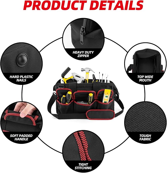 Tool Bag 16'', Multi-pocket Tool Organizer with Shoulder Strap, Heavy Duty Tote with for Tool Storage, Black & Red