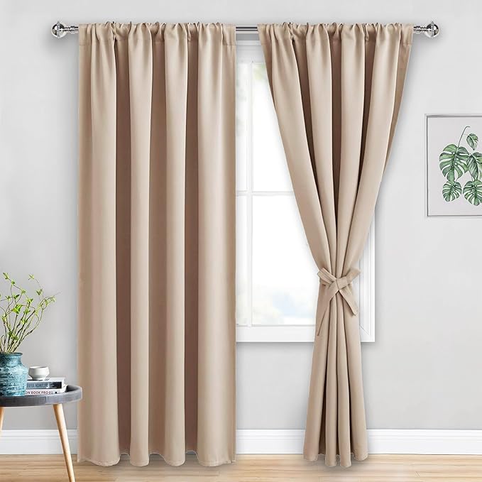 JIUZHEN Blackout Curtains for Bedroom - Thermal Insulated Room Darkening Rod Pocket Curtains for Living Room, Set of 2 Panels with Tiebacks, 52 x 96 Inch Length, Beige