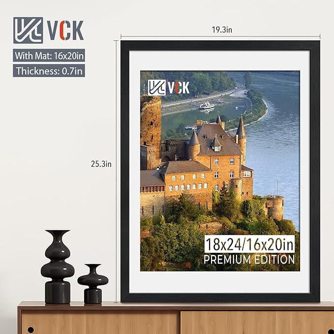 VCK 18x24 Frame 2 Pack, Solid Wood Poster Frame Black, Display Picture 16x20 with Mat or 18x24 without Mat, Horizontal and Vertical Formats with Included Hanging Hardware