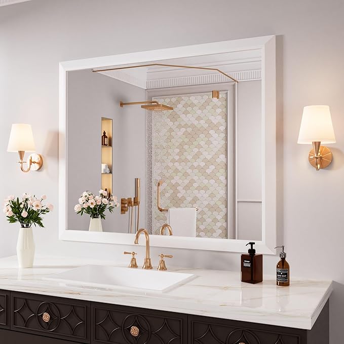 Amorho Bathroom Mirror, 44x36 Inch White Framed Bathroom Mirrors for Over Sink, Wall-Mounted Mirrors for Bedroom, Living Room, Entryway(Horizontal/Vertical).