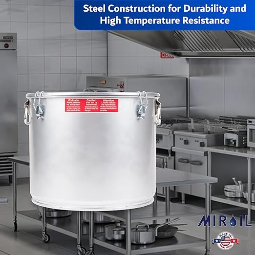 MirOil 5 Gallon Oil Grease Bucket & Filter Pot – Silver Fryer Container with Lid Lock & Lock Clip - Low Profile Hot Grease Collection Pot for Disposal Under Drain Valves – Model #40L