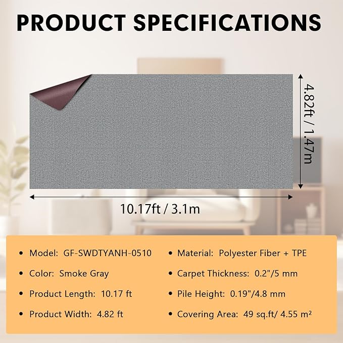Marine Carpet,5 FT x 10 FT Smoke Gray Indoor Outdoor Carpet 0.2" Thick Boat Carpet with Water-Proof TPE Backing, Non-Slide Outdoor Marine Carpet Roll for Home, Patio, Porch, Deck