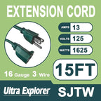 15 Ft Indoor Outdoor Green Extension Cord, 16/3 SJTW Heavy Duty Water-Resistant, 3 Prong Grounded Plug Power Cord for Home Appliance, Lights and Lawn, 13A 1625W, UL Listed