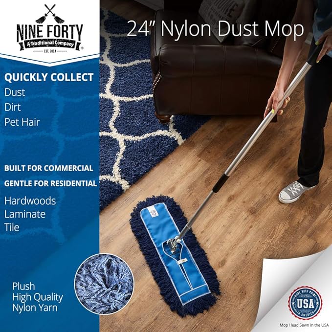 Nine Forty 24" Premium Nylon Dust Mop- Heavy Duty Mop Head for Industrial, Commercial, and Residential Cleaning - Dry Floor Duster for Hardwood Surfaces and Commercial Applications - Blue