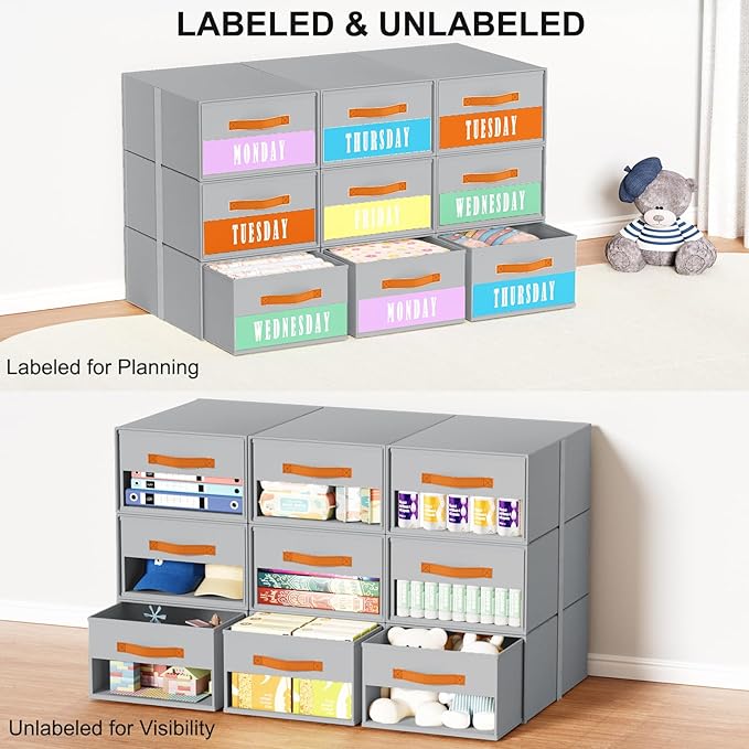 Stackable Storage Drawers - Pull Out Storage Bins with Drawers for Closet Clothes Organizers with Weekly Labels & Clear Window, Closet Shelf Storage for Bedroom, Living Room, 5 Pack, Grey