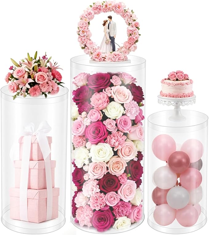 3 Pcs Wedding Cylinder Stands, Clear Acrylic Round Pedestal Stand, Floor Standing Clear Cylinder Stands for Wedding Birthday Party 23.6'', 29.5'', 35.4'' H