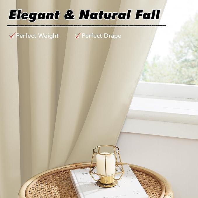 KGORGE 63 inch Curtains 2 Panel Set, Privacy Thermal Insulation Noise Reducing Room Darkening Drapes for Kids Room Nusery Office, Back Tab Rod Pocket, W52 x L63 inches, Biscotti Beige, 2 Panels