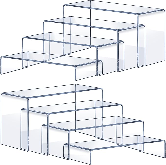 Acrylic Risers 8 Pcs – Clear Rectangular Display for Perfume Organizer, Figures, Jewelry, Dessert Table & Cupcake, 4 Sizes (7", 8", 9")