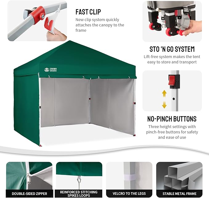 CROWN SHADES 10X10 Comercial Instant Canopy Pop Up Tent with Center Lock, 300D Fabric, 4 Sidewalls, Sto'N Go Bag, Forest Green