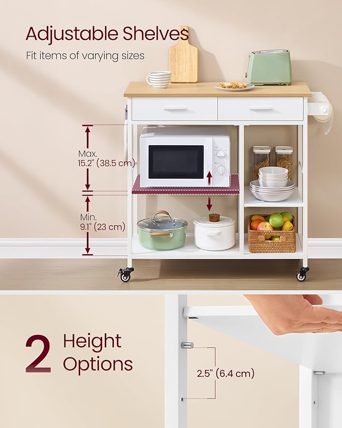 VASAGLE Kitchen Rolling Island, Mobile Kitchen Cart with Storage on Wheels, 17.7 x 38.8 x 35.4 Inches, Towel Rack, 2 Drawers, 2 Hooks, for Dining Room, Oak Beige and Matte White UKKI010Y01