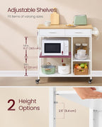 VASAGLE Kitchen Rolling Island, Mobile Kitchen Cart with Storage on Wheels, 17.7 x 38.8 x 35.4 Inches, Towel Rack, 2 Drawers, 2 Hooks, for Dining Room, Oak Beige and Matte White UKKI010Y01