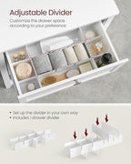 VASAGLE Storage Cabinet, Freestanding Floor Cabinet, 2 Drawers with 1 Set of Adjustable Divider, 2 Baskets, Sideboard, 11.8 x 23.6 x 31.5 Inches, for Bathroom, Living Room, Cloud White UBBC545W02