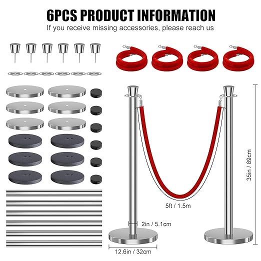 kaiyomi 6Pcs Stanchions with Red Velvet Ropes Set, 5 Feet Velvet Ropes and Posts Poles for Red Carpet Party Decoration and 360° Photo Booth (Silver)