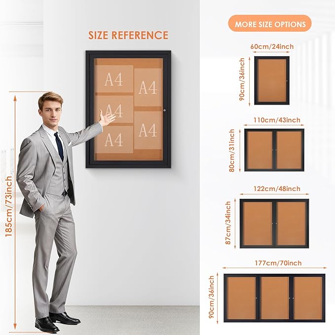 Enclosed Bulletin Board Outdoor Noticeboard with Locking Door, Weather-Resistant, Cork, Black Aluminum Frame, 36 x 24 in
