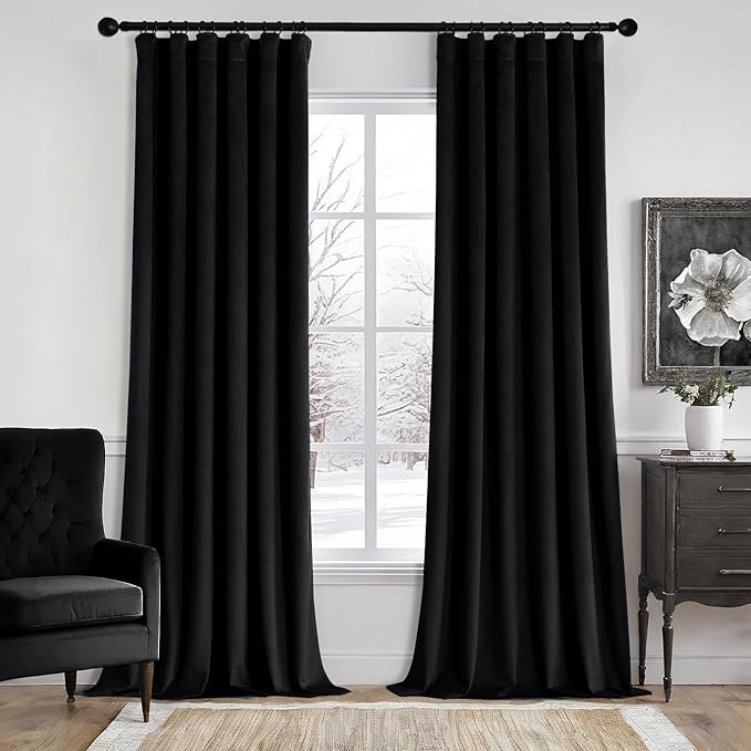 MIULEE Velvet Curtains 84 Inches Long 2 Panels Set for Bedroom, Pinch Pleat Back Tab Luxury Halloween Thermal Insulated Living Room Darkening Drapes Pleated Blackout Window Curtains with Hooks, Black