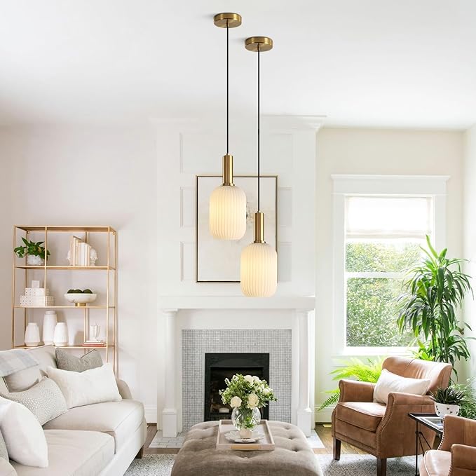 KCO Lighting Modern White Ribbed Pendant Light Small 1-Light Milk Glass Kitchen Lighting Fixtures Ceiling Mount Mid Century Frosted Globe Pendant Light Single Brushed Gold Hanging Lighting, 13cm