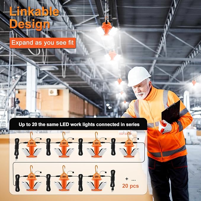 LED Temporary Work Light 70W Daylight White 5000K 10500 Lumens Construction work Light 4 Adjustable Light Panels with Hooks Portable Connectable for Workshop Mine Job Site Lighting