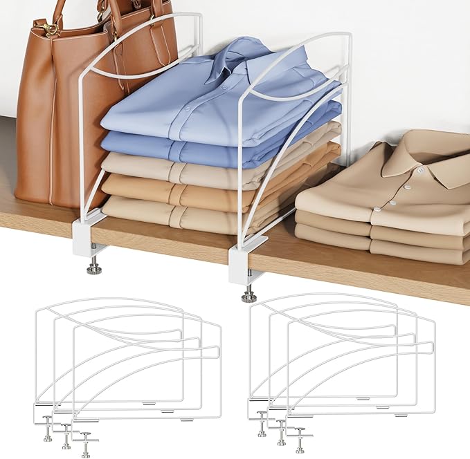 6-Piece Wire Shelf Dividers for Closet Organization, Upgraded C-Clips Adjustable Metal Shelf Dividers Suitable For Bedrooms & Kitchens, Storage Helper for Handbag Sweater Shirt Ankle Boots, White
