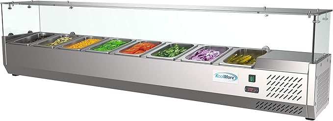 KoolMore SDC-8P-SG Condiment Prep Rail Station with Sneeze Guard, 71 Inch, Silver