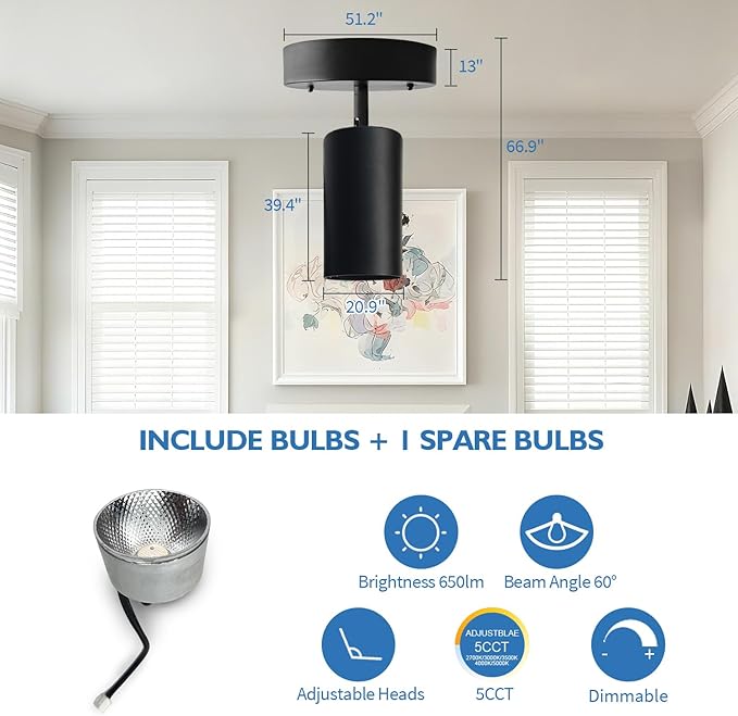 Jolux LED 1 Light Track Lighting Kit, Black Ceiling Spot Lighting, Included GU10 Bulbs 600LM 5CCT Selectable,Flexibly Rotatable Light Head for Kitchen Gallery Art Walls Hallway Living Room