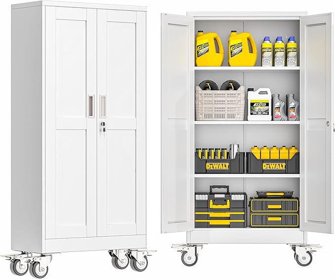 Metal Garage Storage Cabinet with Lock, 61” Tall Lockable File Cabinet with Wheels, Steel Tool Cabinet with 2 Door and 3 Adjustable Shelves, Rolling Cabinet for Home Office Garage Gym - White