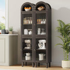 71” Tall Arched Pantry Cabinet with Glass Door, Display Cabinet Organizer, Versatile Pantry with Top-Opening Storage Container for Living, Kitchen Dining Room, Black