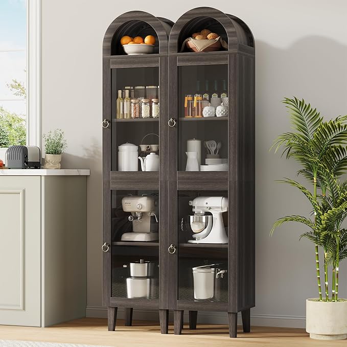 71” Tall Arched Pantry Cabinet with Glass Door, Display Cabinet Organizer, Versatile Pantry with Top-Opening Storage Container for Living, Kitchen Dining Room, Black