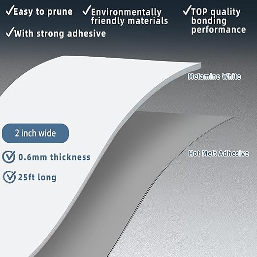 White Melamine Edge Banding, 2 inch x 25ft roll of Veneer Edge Banding Pre-glued, Real Wood Tape Banding for Cabinet Repair