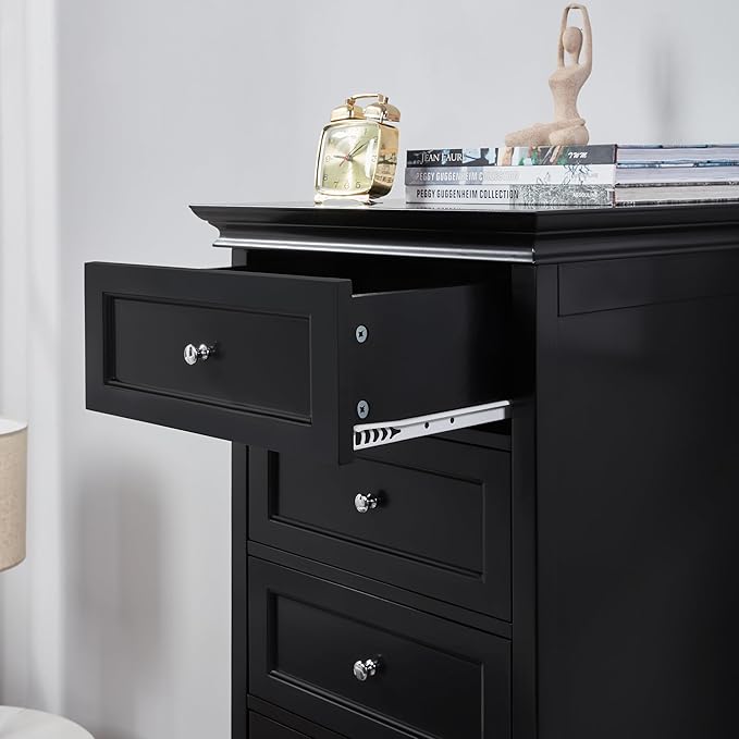 Tall Black Dresser for Bedroom with 7 Drawers, 52" Tall Modern Style Wooden Lingerie Chest with Crown Molding and Solid Wood Ball Legs, Anti-0xidation Zinc Alloy Knob(Black)