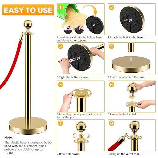 LOVMOR 12Pcs Gold Stanchion Posts Queue with 8pcs Red Velvet Rope, Crowd Control Barriers Queue Line Rope, Crowd Control Stanchion for Party Supplies