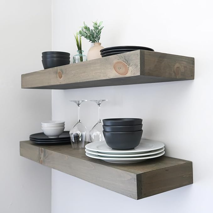 Urbandi Modern Floating Shelves 3 Inches Thick for Wall, Wide Shelves for Kitchen, Living Room, Bedroom, and Bathroom, Natural Pine Wood, Rustic Wooden Shelf, (Set of 2) (Aged Barrel, 48Lx3Hx8D)