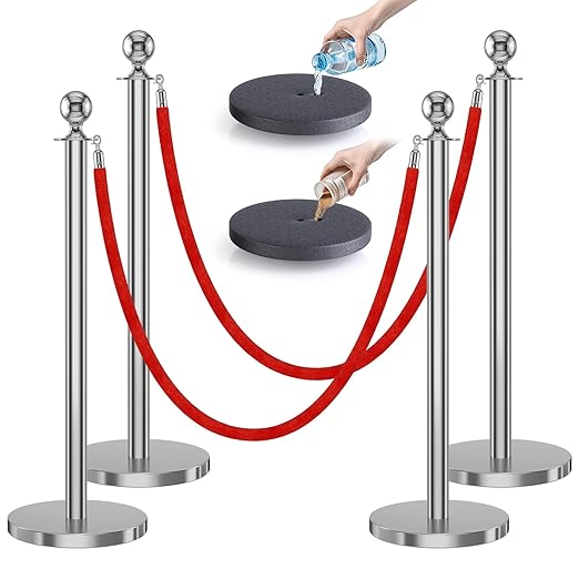 kaiyomi 4Pcs Stanchions with Red Velvet Ropes Set, 5 Feet Velvet Ropes and Posts Poles for Red Carpet Party Decoration and 360° Photo Booth (Silver)